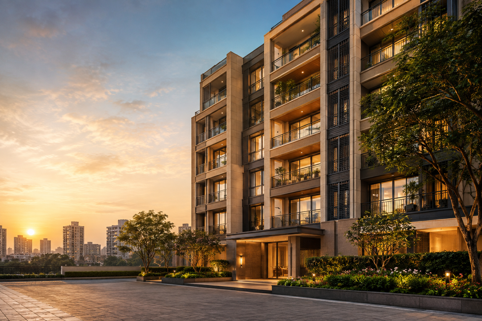 A welcoming modern residential building at sunset